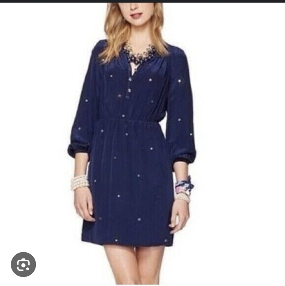 Lily Pulitzer Navy Silk Blue Dress With Mirror Details S Smocked Neckline Midi